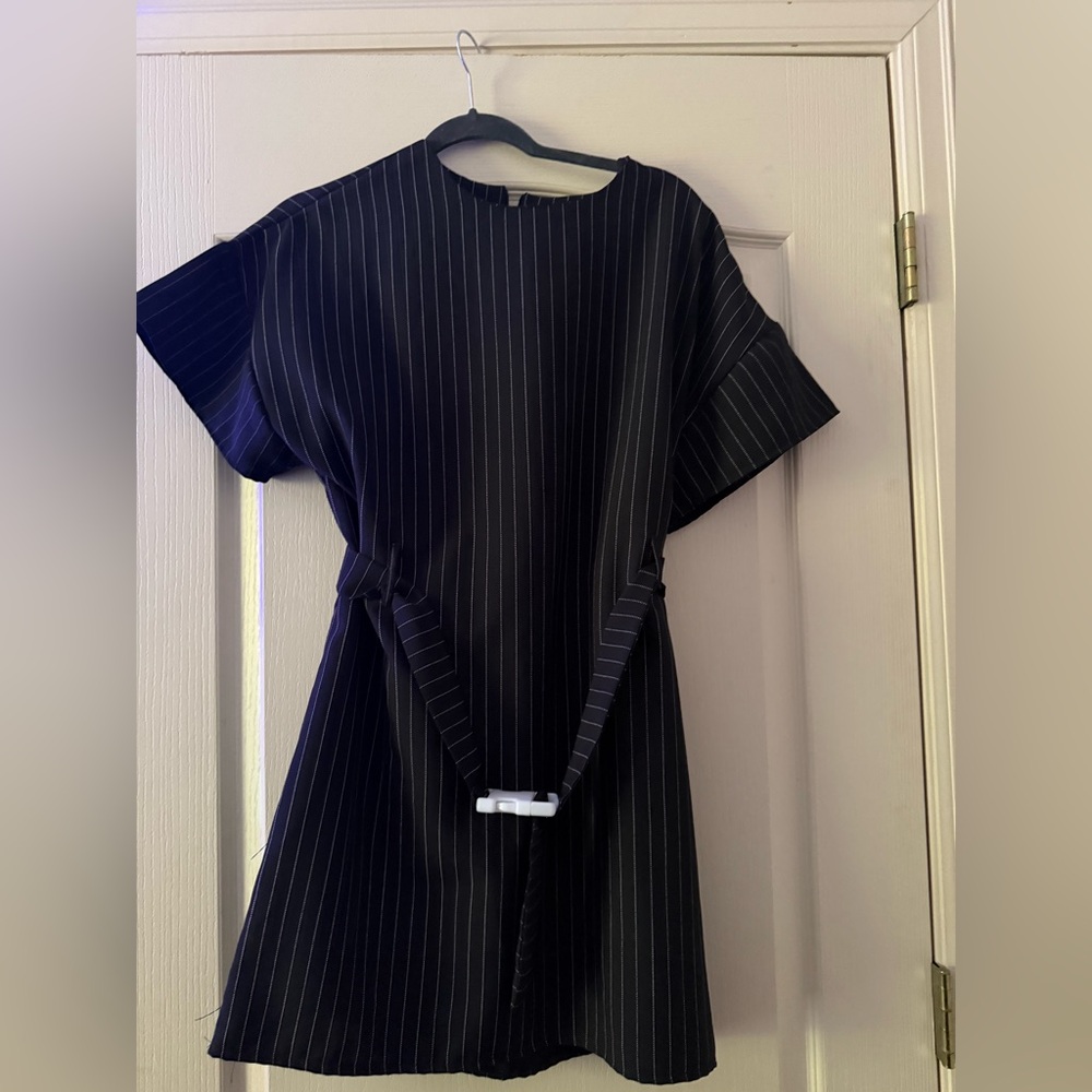 PrettyLittleThing Black Pinstripe Mini Dress | Size 12 | Belted Shift